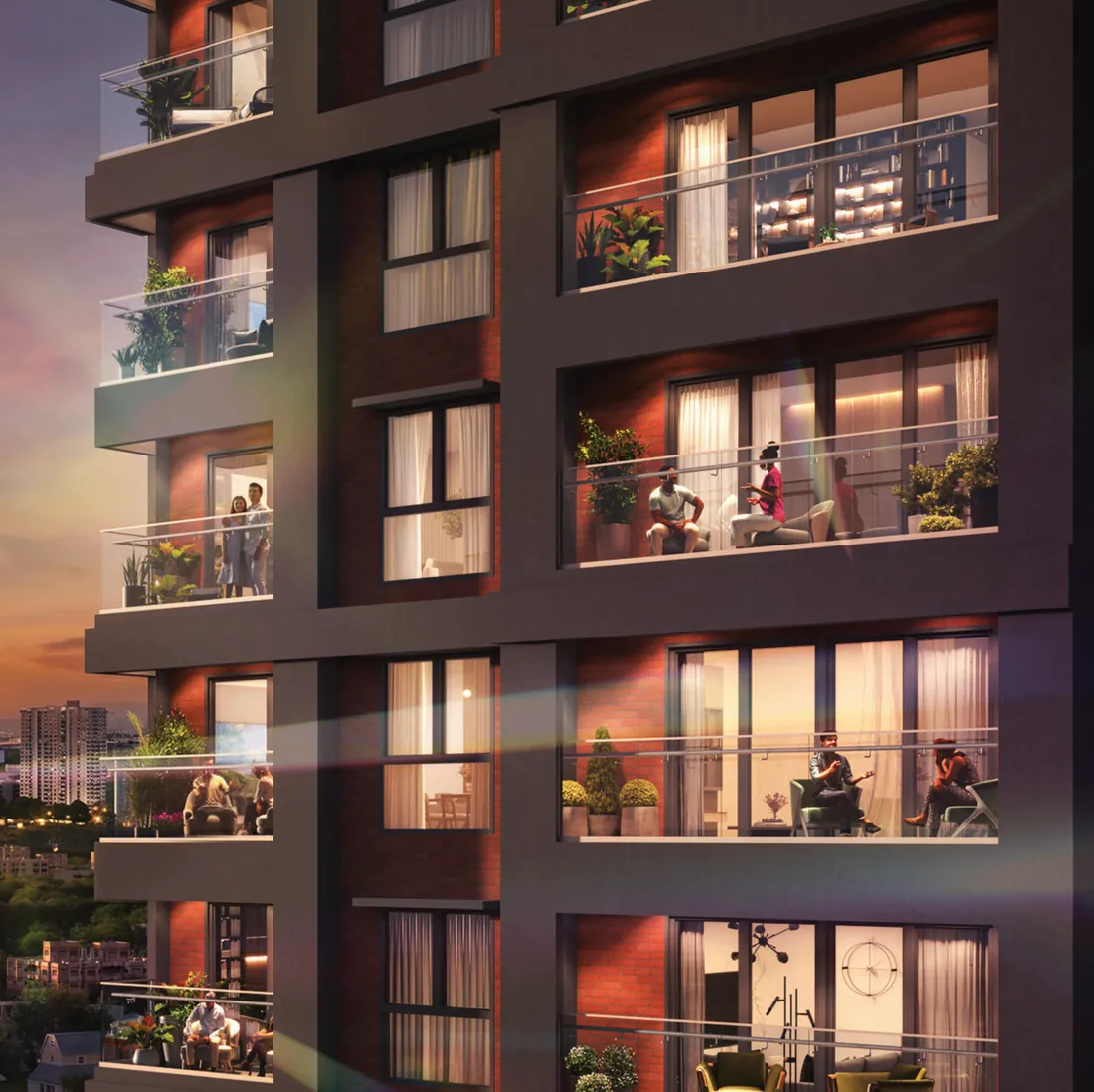 Purva Heritage balconies at sunset
